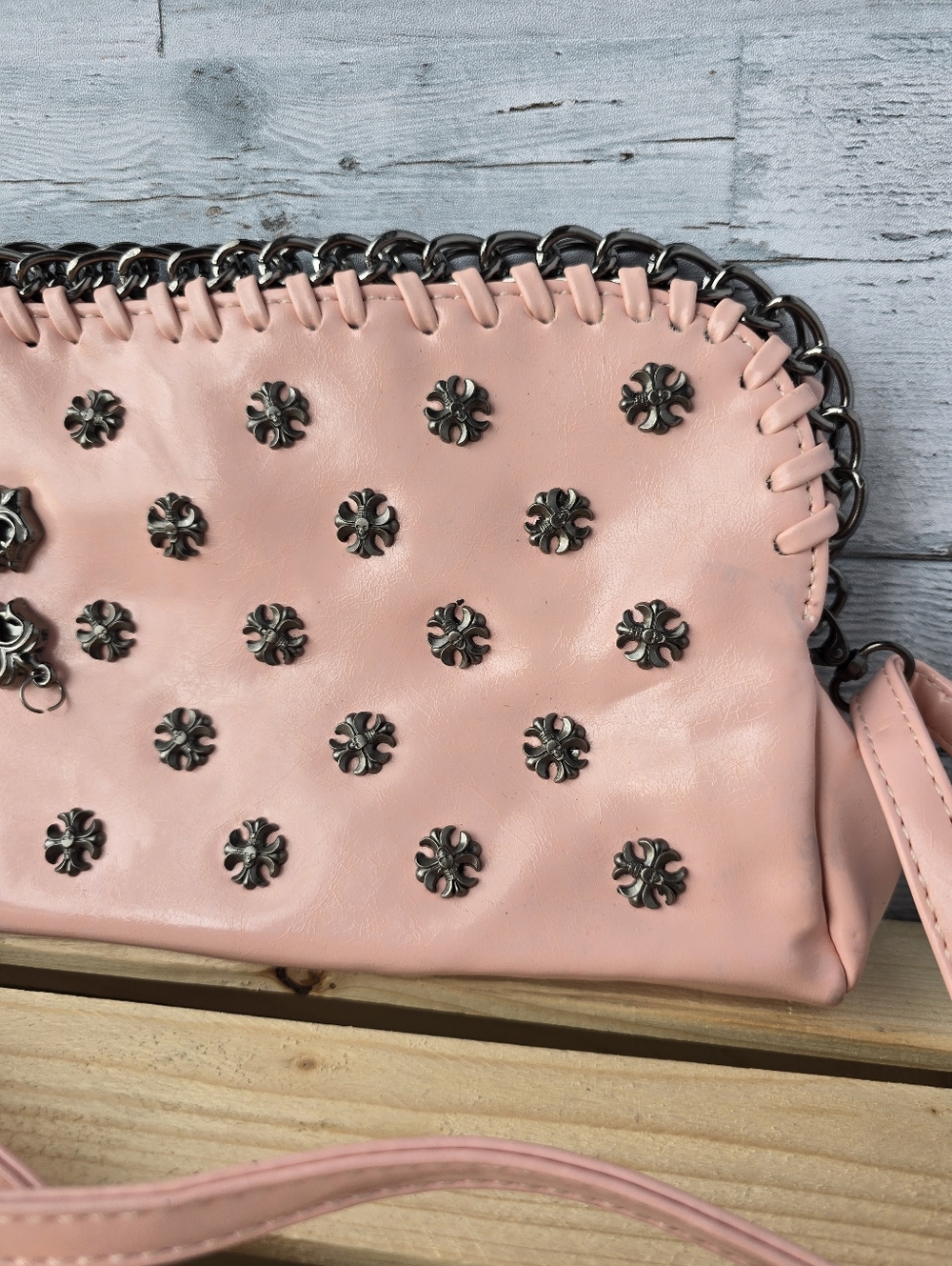 Gothic Pink Vegan Cross Body Bag Chain Clutch Purse - Picture 4 of 13